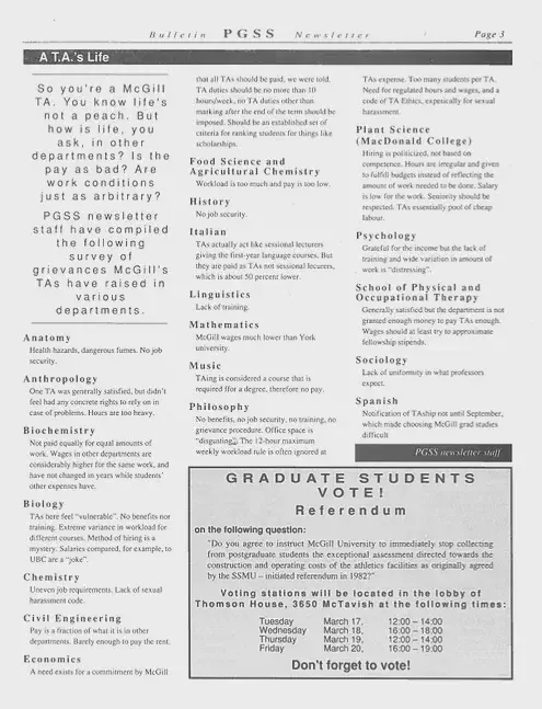 PGSS survey of TA grievances raised in various McGill departments, PGSS Newsletter Vol. 8 No. 5 (March 1992). AGSEM Archives, Vol. 4.1 &ldquo;Posters and Communications.&rdquo;