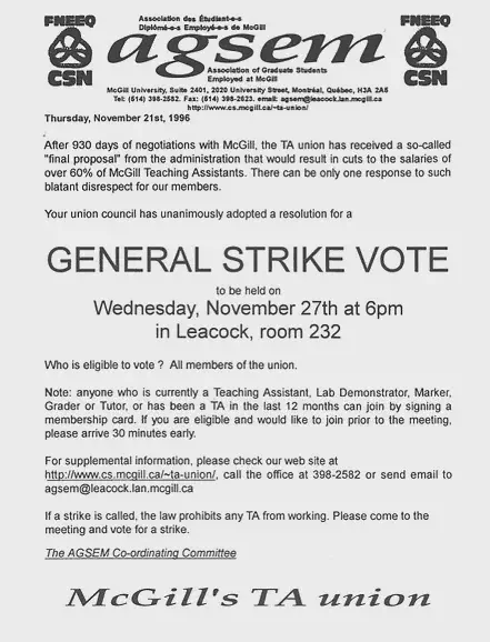 AGSEM general strike vote announcement (November 1996). AGSEM Archives, Vol. 3.1 &ldquo;TA strike correspondence and flyers.&rdquo; AGSEM Archives, Vol. 4.1 &ldquo;Posters and Communications.&rdquo;