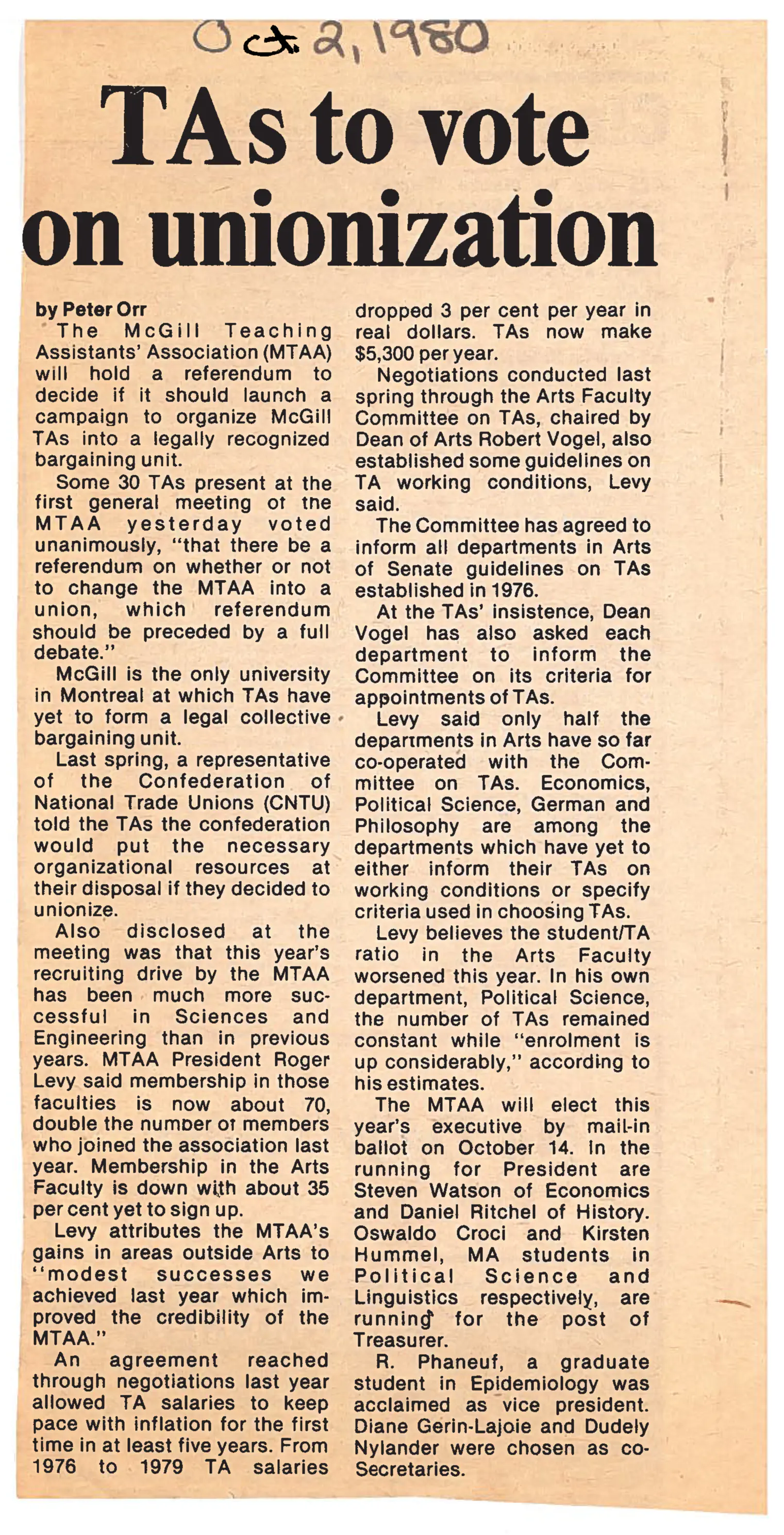 October 2, 1980. TAs to vote on unionization.