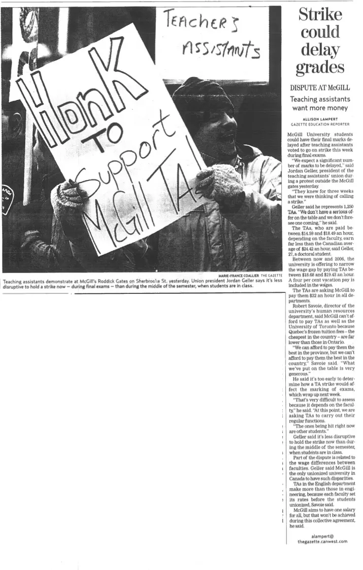 “Strike could delay grades,” Montreal Gazette (aucune date.). Archives de l’AÉÉDEM, Vol. 4.1 “2003 Strike in the Press.”