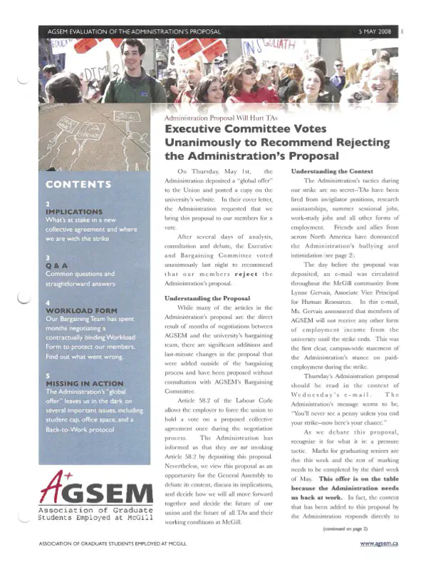 “AGSEM Evaluation of the Administration’s Proposal,” AGSEM Newsletter (May 2008). AGSEM Archives, Vol. 3.1 “‘2008 Bargaining Bulletins and Newsletters.”