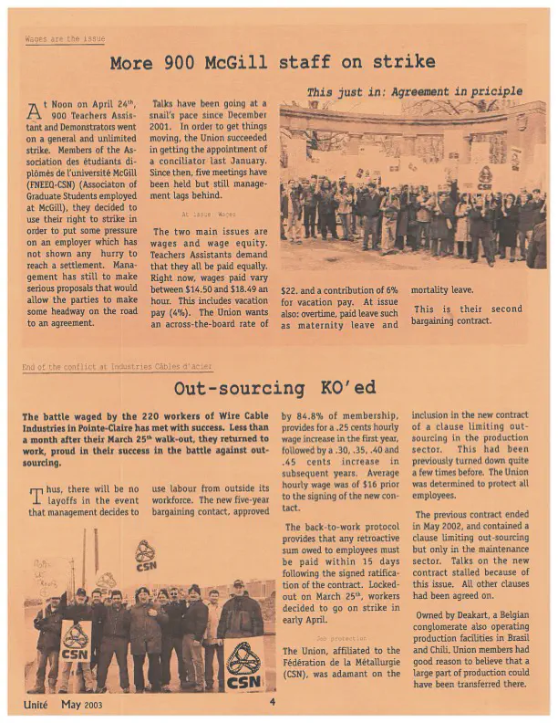 “More [than] 900 McGill staff on strike,” Unité Digest (May 2003). AGSEM Archives, Vol. 4.1 “2003 Strike in the Press.”