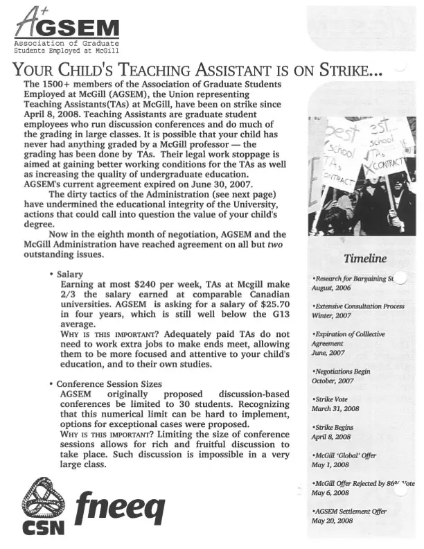 “Your child’s Teaching Assistant is on strike&hellip;McGill Admin could make the strike end,” brochure de l’AÉÉDEM (aucune date). Archives de l’AÉÉDEM, Vol. 3.1 “Your Child’s TA Is On Strike.”