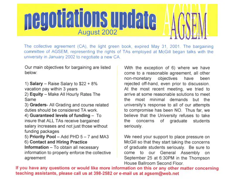 “Negotiations Update,” AGSEM Newsletter (August 2002). AGSEM Archives, Vol. 4.1 “Miscellaneous Flyers and Booklets.”