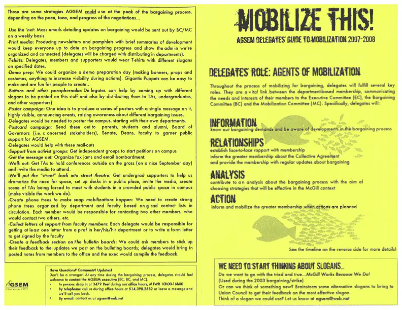 “Mobilize This! AGSEM Delegates’ Guide to Mobilization 2007-2008.” AGSEM Archives, Vol. 3.1 “Your Child’s TA Is On Strike.”