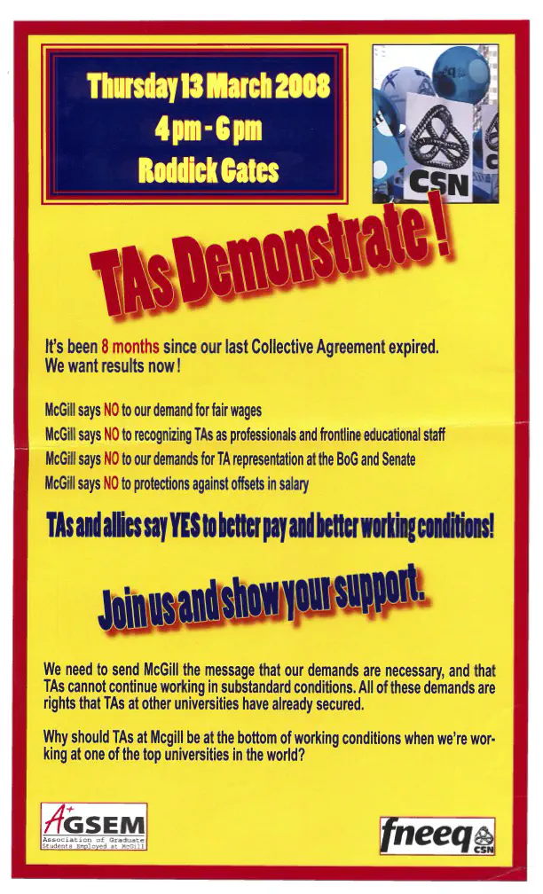 AGSEM poster advertising a TA demonstration (March 2008). AGSEM Archives, Vol. 4.1 “Flyers, TA Strike.”