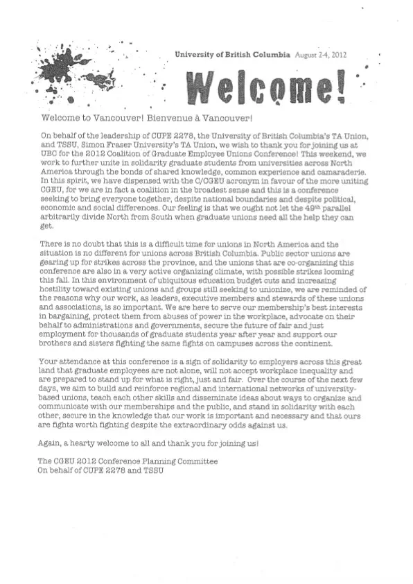 CGEU Conference Welcome Flyer (2012). AGSEM Archives, Vol. 5.2 “CGEU Conference 2012.”