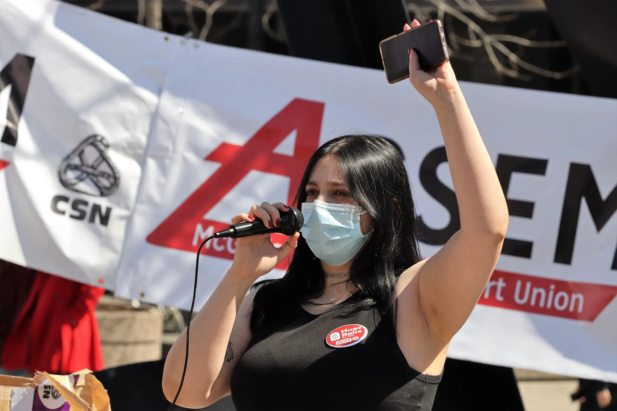 Photo of AGSEM Biology Delegate (and future Bargaining Committee member) Nada El Baba giving a speech on the rights of graduate student workers at the “We Can Win a Huge Raise: AGSEM Rally for TAs” rally (April 13, 2023).