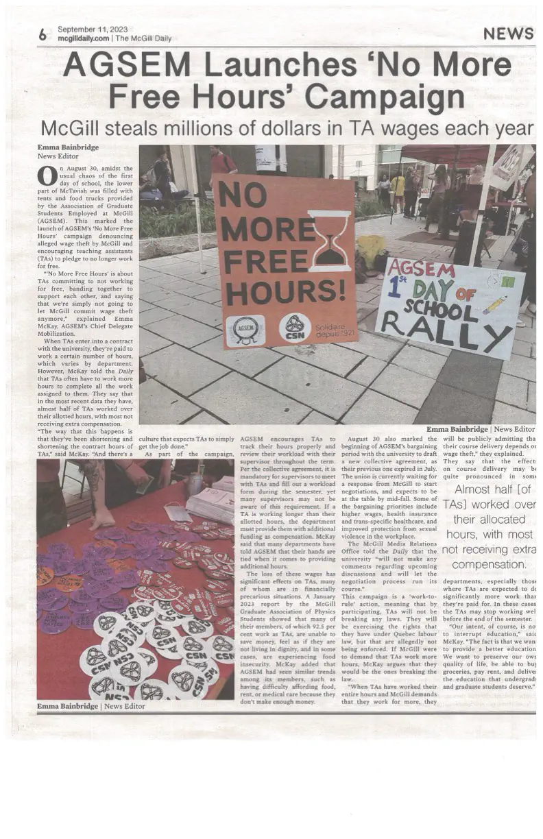 “AGSEM Launches ‘No More Free Hours’ Campaign,” The McGill Daily (11 September 2023), 6.