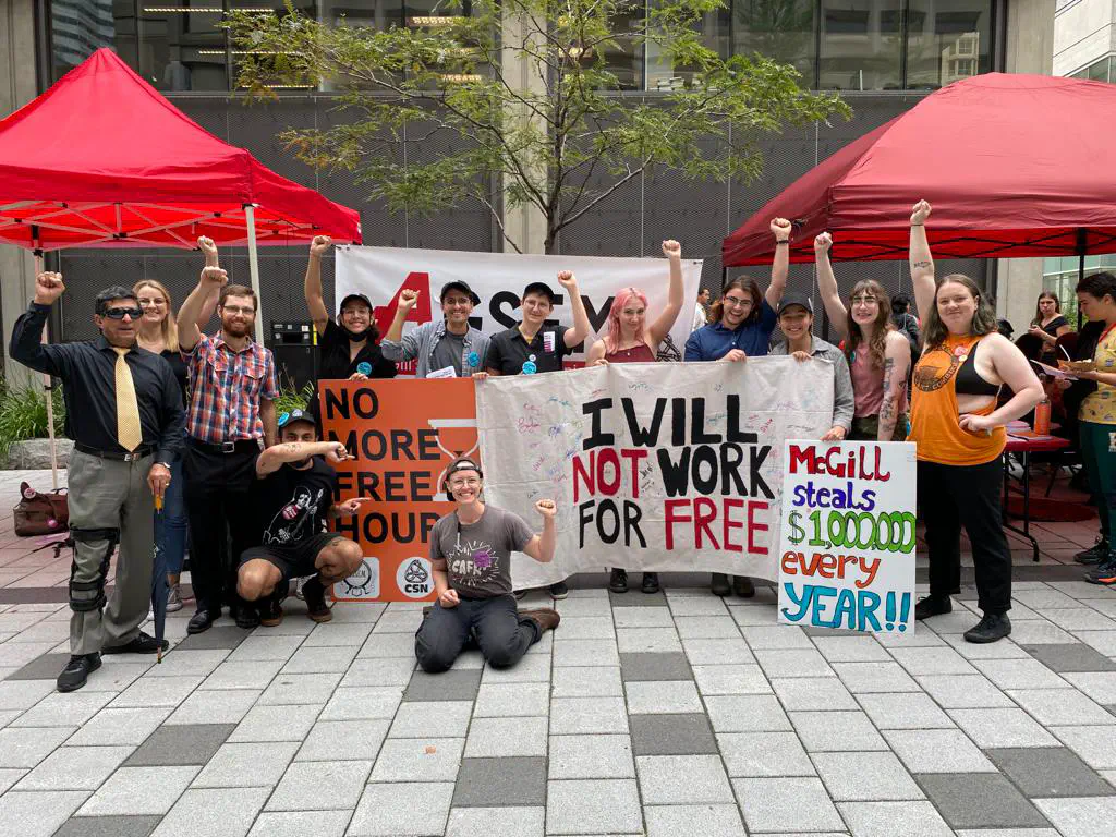 Photo of AGSEM organizers and Raad Jassim, president of the McGill Course Lecturers and Instructors Union (MCLIU) at the “First Day of School: Let’s Work to Rule” rally (August 30, 2023).