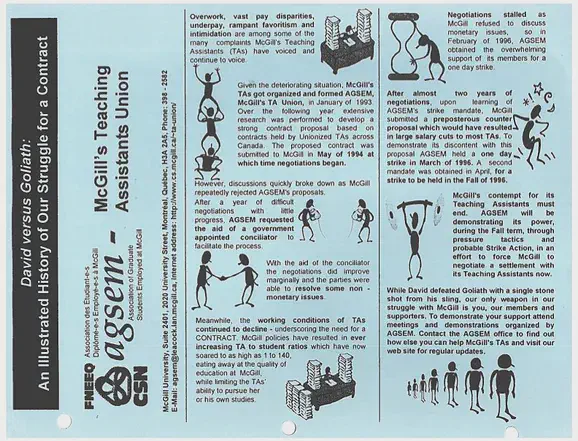 “David versus Goliath: An Illustrated History of Our Struggle for a Contract,” AGSEM pamphlet (1997). AGSEM Archives, Vol. 3.1 &ldquo;1997 Bargaining Documents.&rdquo;