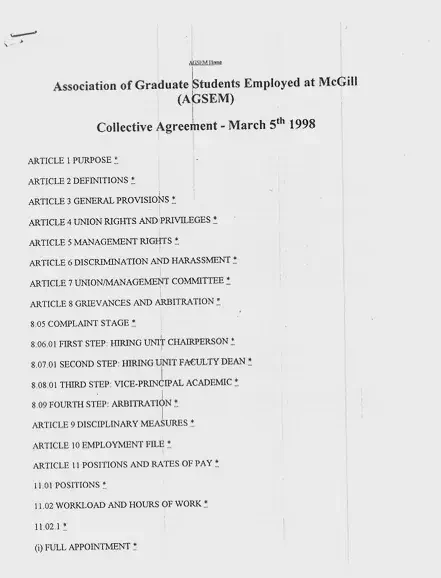 First AGSEM Collective Agreement with McGill (March 1998). AGSEM Archives, Vol. 3.1 &ldquo;First Collective Agreement TA Bargaining.&rdquo;