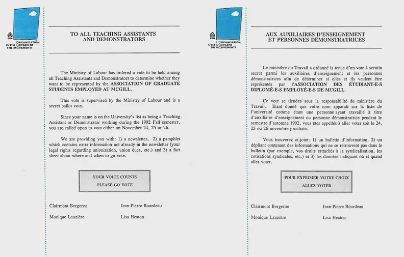 Poster advertising referendum to certify with CSN  (November 1992). AGSEM Archives, Vol. 4.1 &ldquo;Posters and Communications.&rdquo;