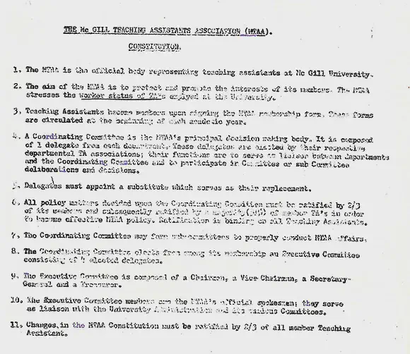 The McGill Teaching Assistants Association [MTAA] Constitution (1976). AGSEM Archives, Vol. 3.1 &ldquo;MTAA Early Negotiation Documents.&rdquo;