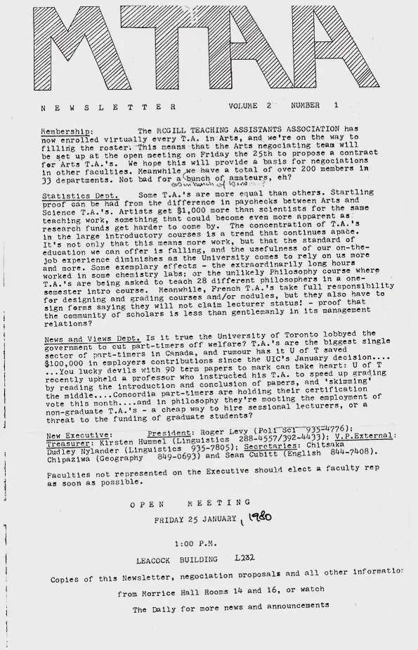 The McGill Teaching Assistants Association [MTAA] Newsletter Vol. 2 No. 1 (1980). AGSEM Archives, Vol. 3.1 &ldquo;MTAA Early Negotiation Documents.&rdquo;