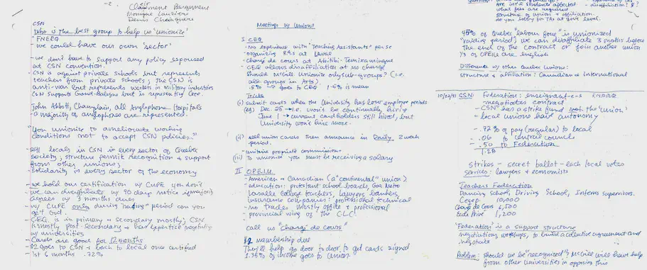 Handwritten notes by an AGSEM organizer from meetings with different potential parent unions: CEQ, OPEIU, CSN (1991). AGSEM Archives, Vol. 4.1 &ldquo;Affiliation to CSN.&rdquo;