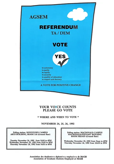 Poster advertising referendum to certify with CSN (November 1992). AGSEM Archives, Vol. 4.1 &ldquo;Posters and Communications.&rdquo;