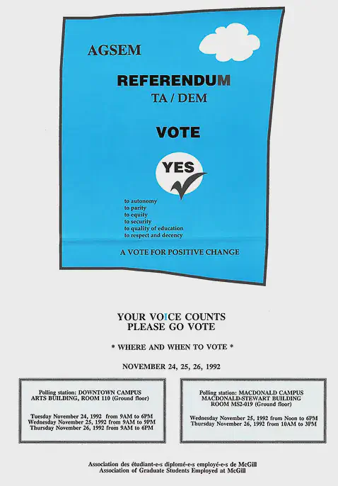 Poster advertising referendum to certify with CSN  (November 1992). AGSEM Archives, Vol. 4.1 &ldquo;Posters and Communications.&rdquo;